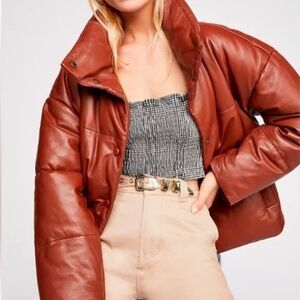 Free People Leather Down Puffer, Cognac